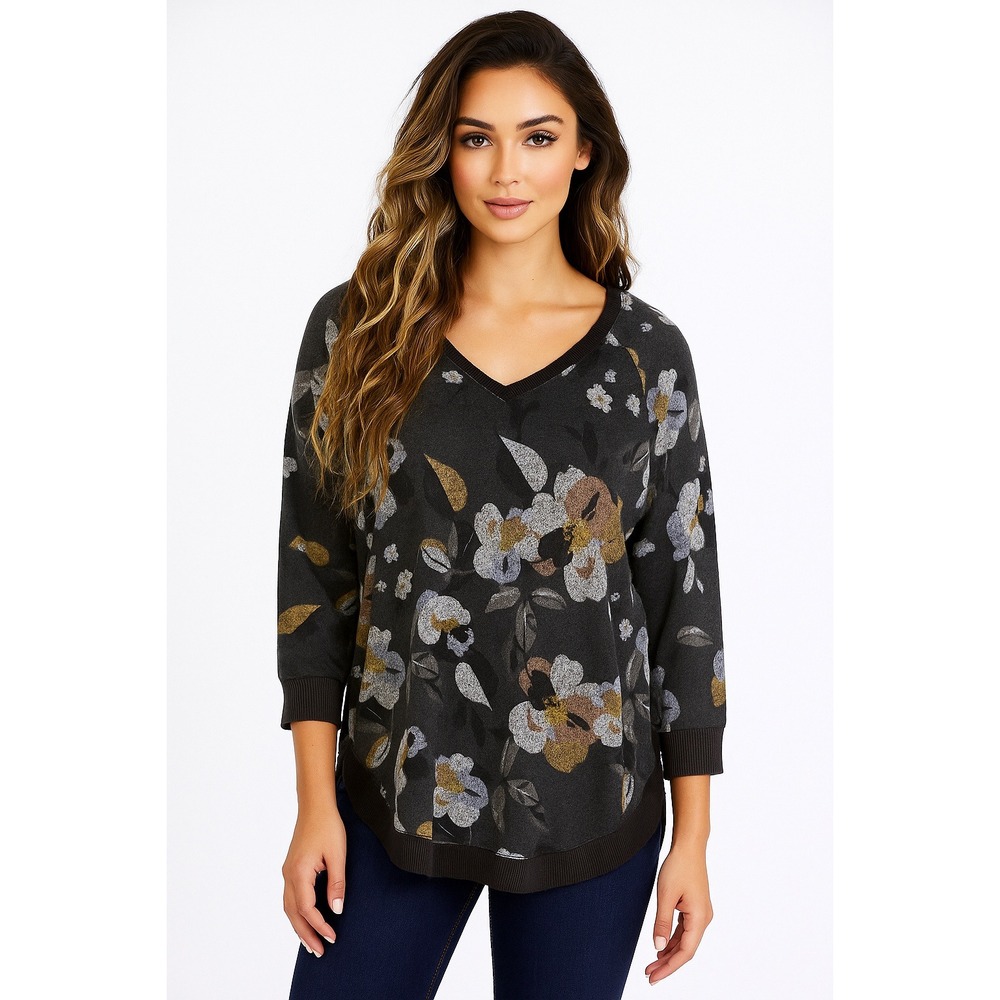 Maurices Top Women XL Gray Floral Knit Stretch Flowy‎ Boho Feminine Modern Soft
